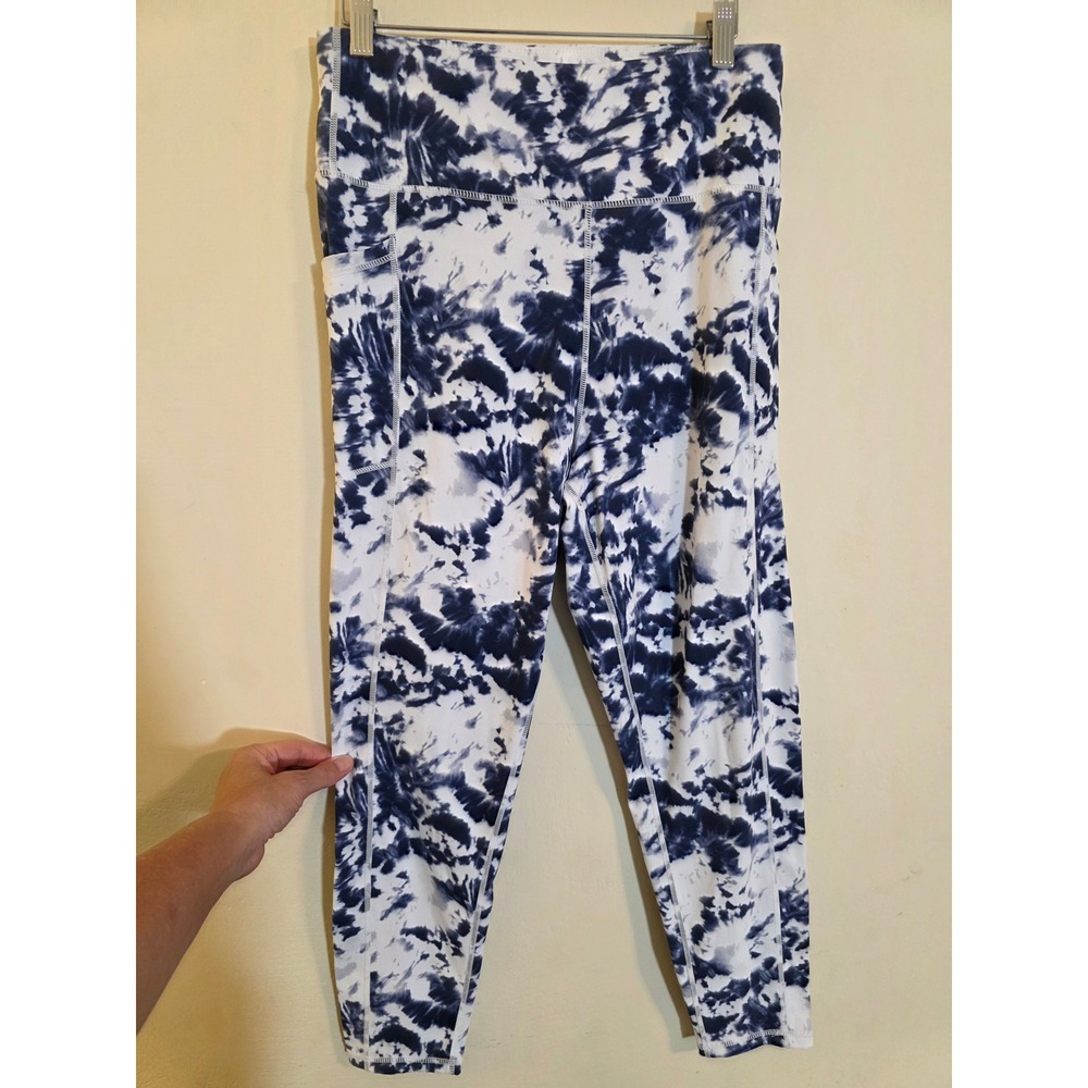 Kensie Navy Blue White‎ Tie Dye High Waisted Active Leggings with Pockets Large